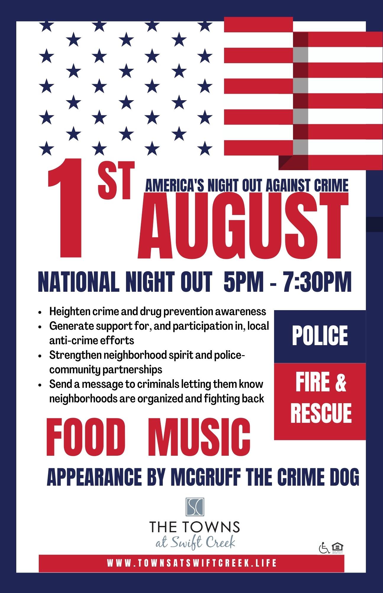 Flyer for Towns at Swift Creek Community Brandermill VA August 1st National Night Out Event 5:00pm to 7:30pm Boyd Homes